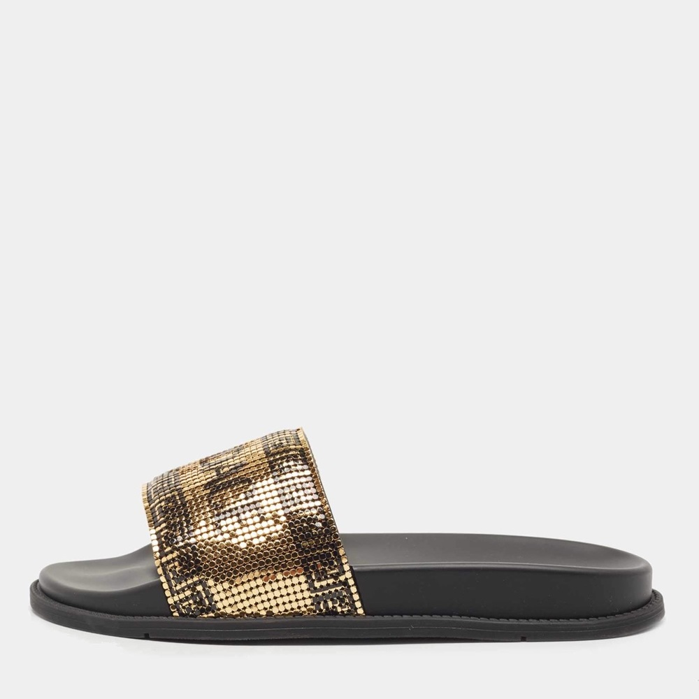 Fendi x Versace Gold Metal and Leather Flat Slides - Picture 4 of 6